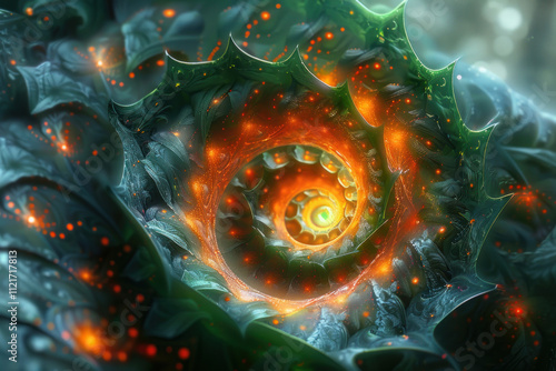 a fractal flower or structure with a bright orange glowing center that fades into dark green petals with characteristic patterns. photo