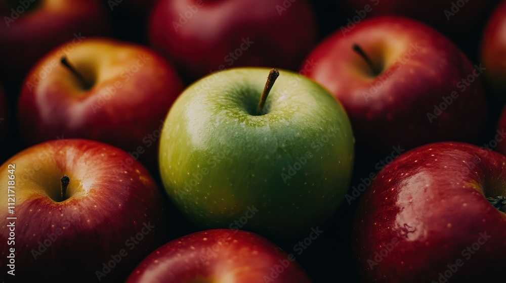 A beautifully composed minimalist image of one green apple standing out amongst several red apples, with the emphasis on the vivid contrast, captured in fruit photography with a soft, natural light. A beautifully composed minimalist image of one green apple standing out amongst several red apples, with the emphasis on the vivid contrast, captured in fruit photography with a soft, natural light.