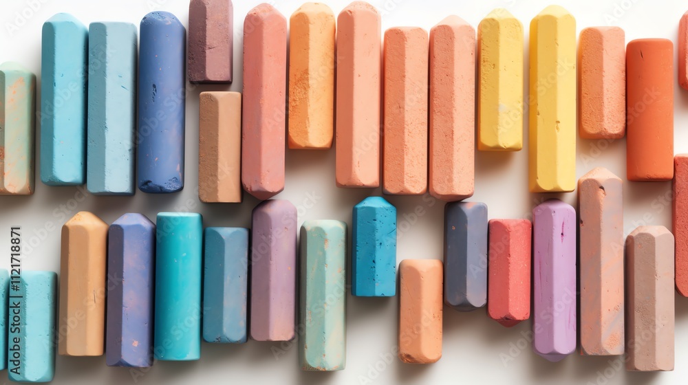 Colorful pastel crayons arranged in a wave pattern on white background. Colorful pastel crayons arranged in a wave pattern on white background.