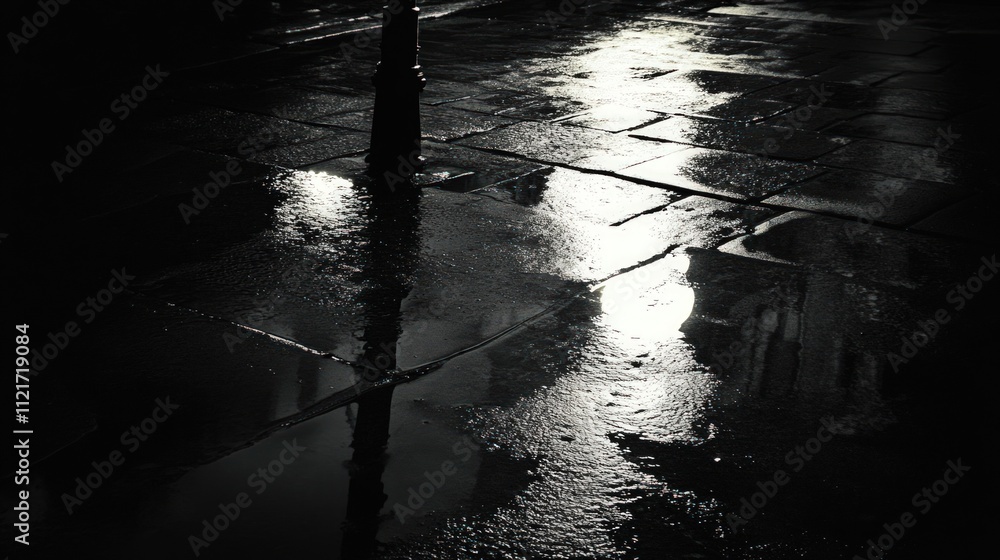 Wet cobblestones reflect lamppost, nighttime scene. Wet cobblestones reflect lamppost, nighttime scene.