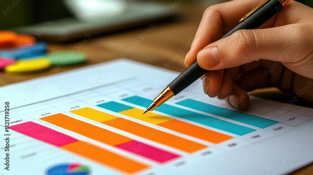 Colorful Bar Graph Analysis on Paper with Hand Holding Pen for Business Review Colorful Bar Graph Analysis on Paper with Hand Holding Pen for Business Review