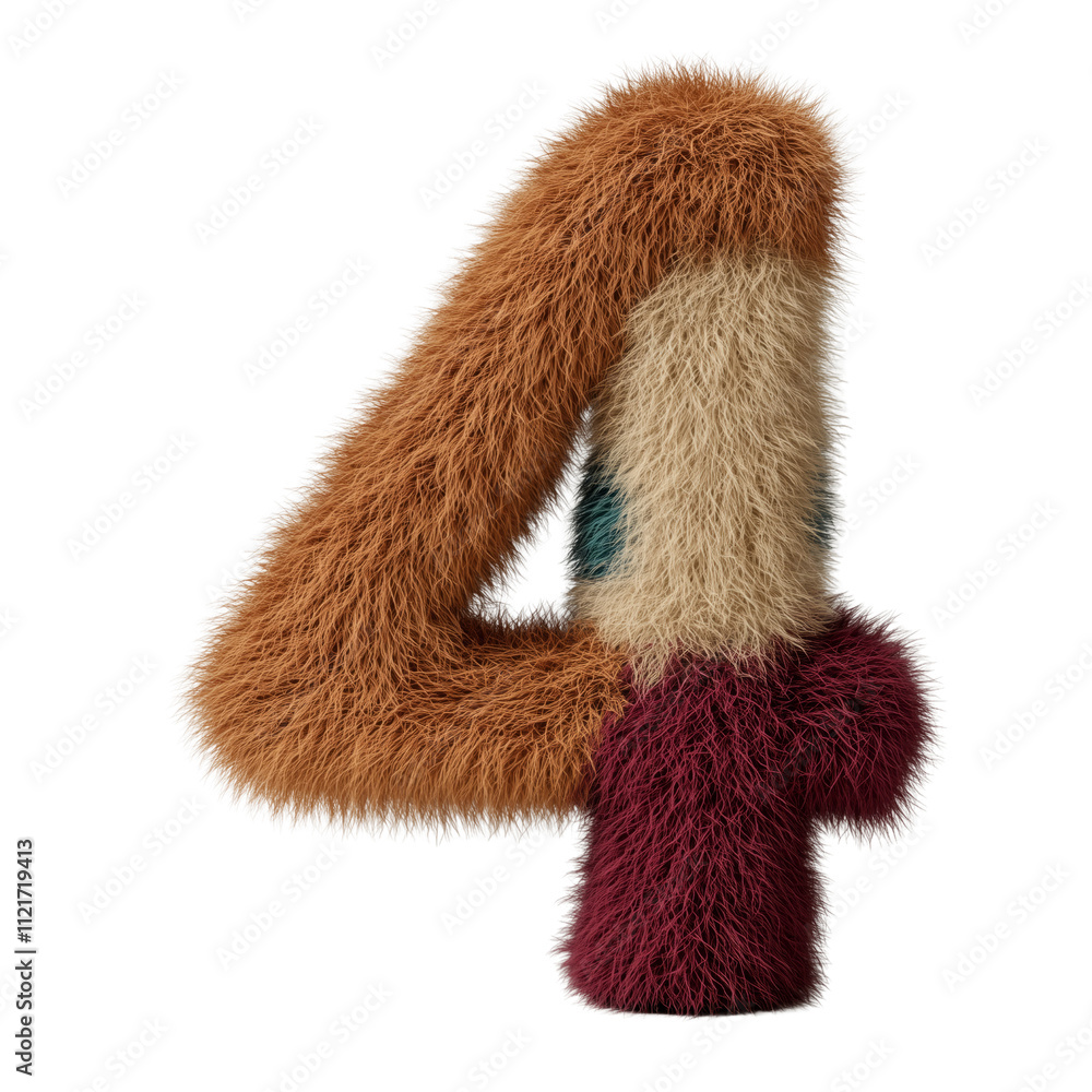Furry textured number four in vibrant colors on a transparent background
