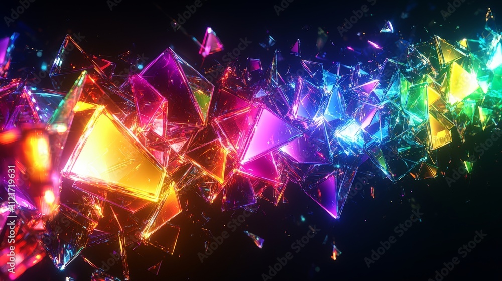 Fototapeta premium A vibrant display of colorful, fragmented shapes, creating a dynamic, abstract visual effect against a dark background.