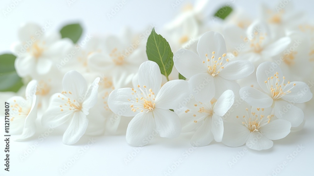 Obraz premium Soft white blossoms gently arranged, showcasing their beauty and tranquility with green leaves