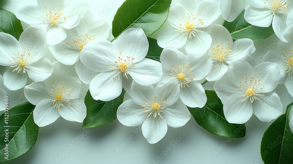 Obraz premium White blossoms with vibrant yellow centers rest amidst dark green leaves, radiating tranquility