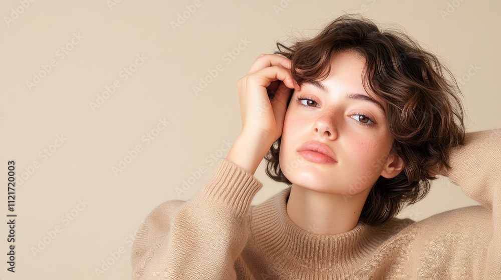 Natural Beauty Portrait with Soft Tones - A captivating portrait of a young woman with tousled hair, exuding confidence and allure against a soft background. Natural Beauty Portrait with Soft Tones - A captivating portrait of a young woman with tousled hair, exuding confidence and allure against a soft background.