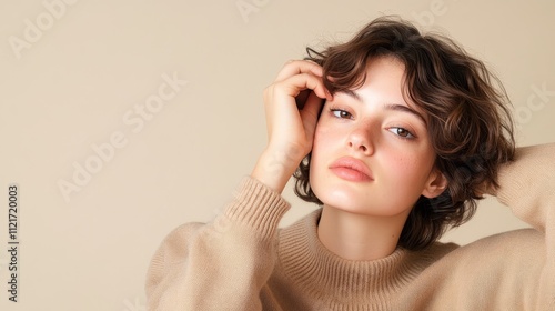 Natural Beauty Portrait with Soft Tones - A captivating portrait of a young woman with tousled hair, exuding confidence and allure against a soft background.