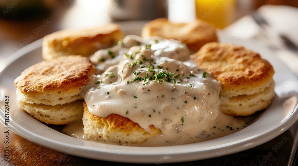 A comforting plate of biscuits and gravy, served at a classic Southern diner, with a focus on the creamy gravy and tender biscuits, styled for food menu photography. A comforting plate of biscuits and gravy, served at a classic Southern diner, with a focus on the creamy gravy and tender biscuits, styled for food menu photography.