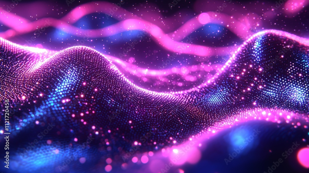 A vibrant, abstract landscape of glowing waves in pink and blue hues, showcasing a digital, futuristic aesthetic with sparkling elements. A vibrant, abstract landscape of glowing waves in pink and blue hues, showcasing a digital, futuristic aesthetic with sparkling elements.