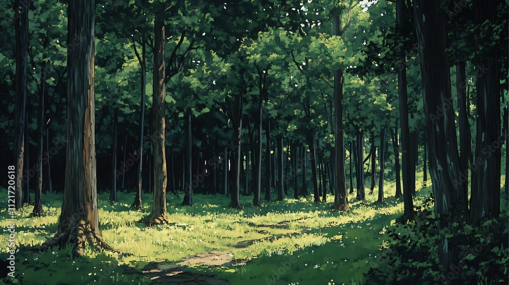 Fototapeta premium Sunlit path meanders through a lush green forest, creating a tranquil and serene atmosphere.