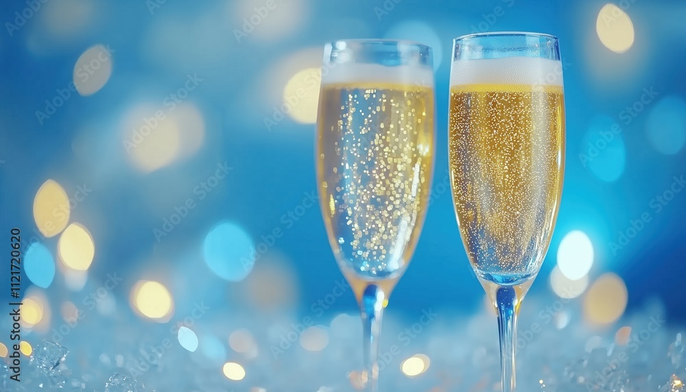 Golden Glitter And Defocused Bokeh Lights: Champagne Toast Celebration For A Happy New Year With Blue Abstract Background Golden Glitter And Defocused Bokeh Lights: Champagne Toast Celebration For A Happy New Year With Blue Abstract Background
