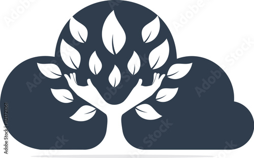 Creative green hand tree and cloud logo design. Natural products logo. Cosmetics icon. Spa logo. Beauty salon or yoga logo.