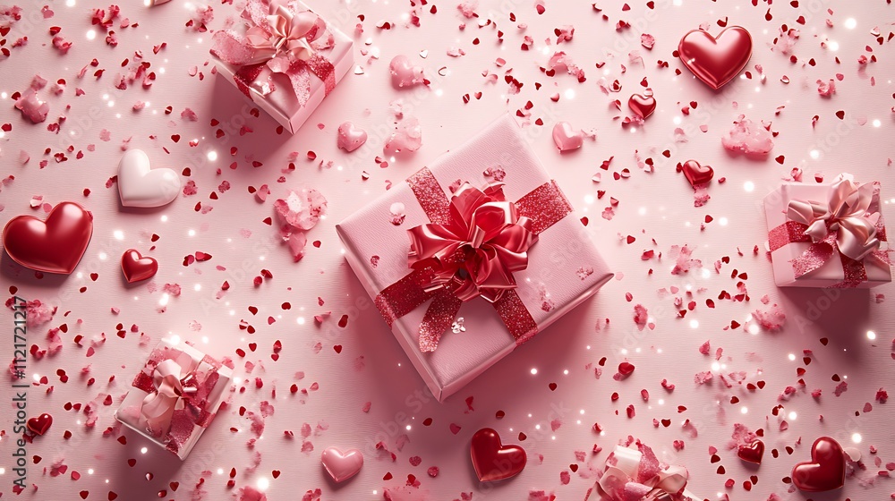Pink presents and hearts celebrate Valentine's Day. Pink presents and hearts celebrate Valentine's Day.
