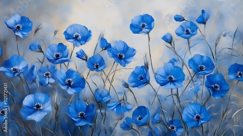 Vibrant blue poppies in a dreamy field. photo