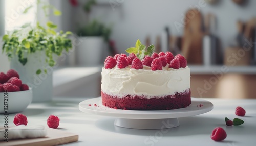 Modern Studio Featuring Red Velvet Cake With Cream Cheese Frosting And Raspberries On A White Table. Luxurious Setting For Dessert Photography. photo