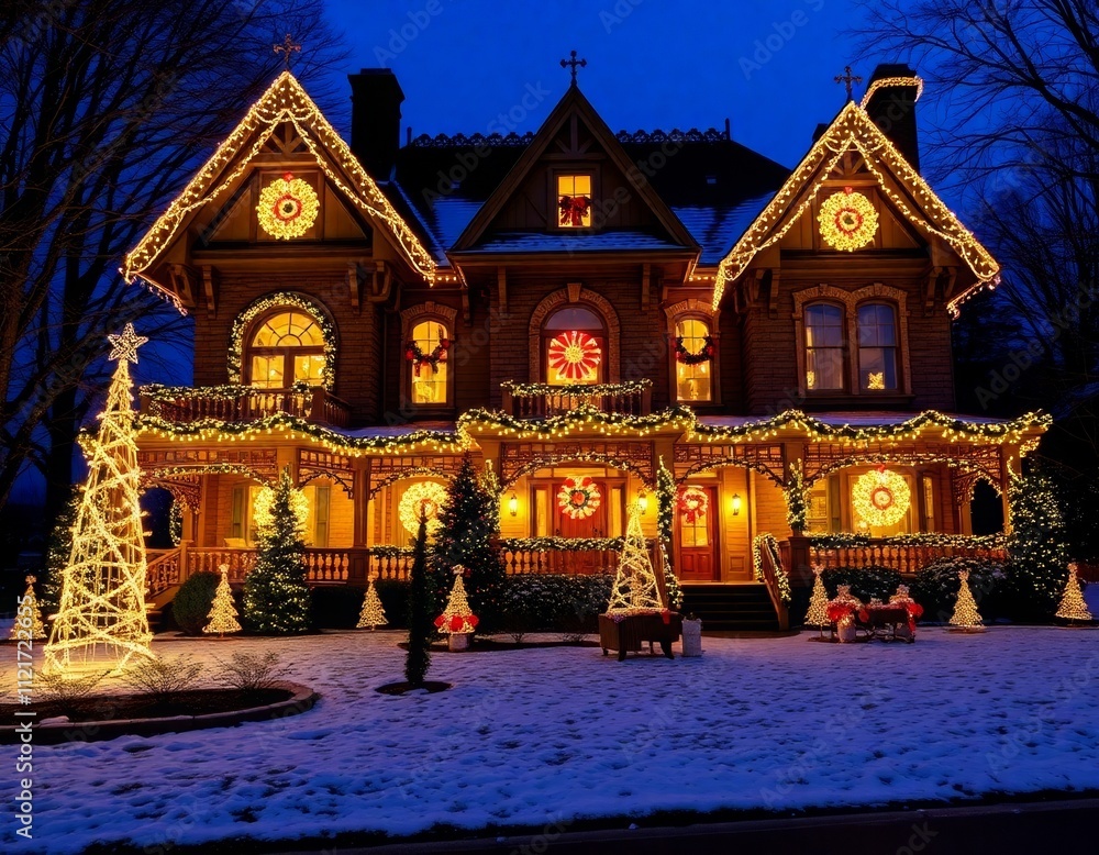 Fototapeta premium Cozy Holiday Cabin with Garland and Lights