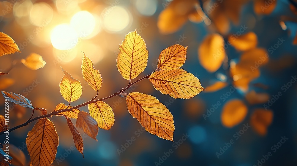 Orange leaves on tree branch in autumn city park with sunrays Orange leaves on tree branch in autumn city park with sunrays