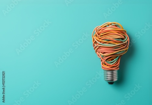 Lightbulb shape made from multicolored electrical wires against a vibrant teal background. Innovation, energy, and clever ideas photo