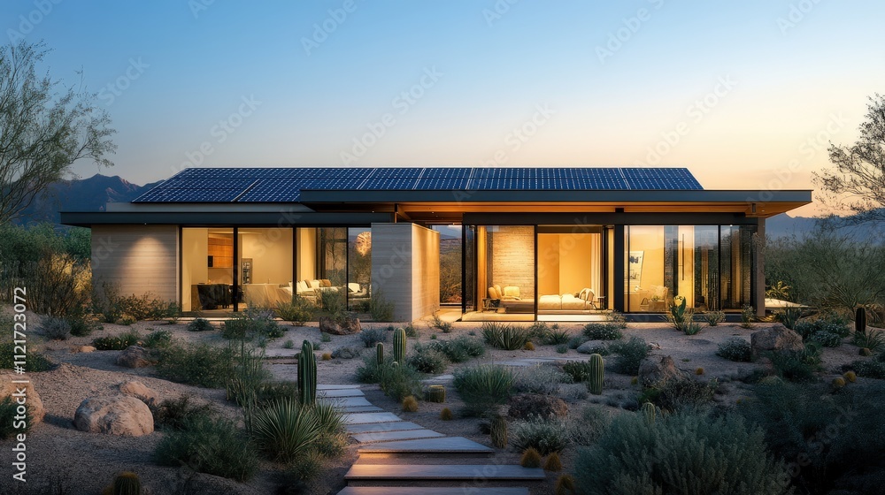A modern Arizona home with sleek solar panels installed on its rooftop, surrounded by desert landscaping and illuminated by the bright midday sun under a clear blue sky. A modern Arizona home with sleek solar panels installed on its rooftop, surrounded by desert landscaping and illuminated by the bright midday sun under a clear blue sky.