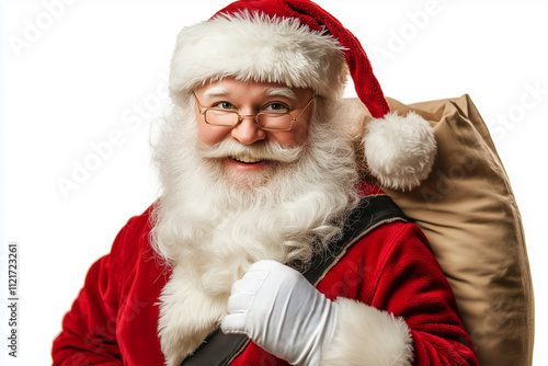 Santa Claus with Bag, On the Run to Deliver Christmas Gifts, Isolated on White Background