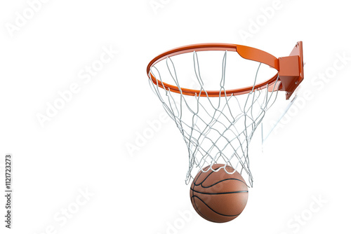 A basketball is in a net, with the net being orange. on transparent background.