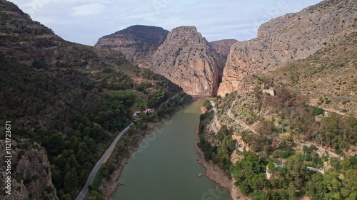 Caminito del Rey aerial views of a majestic canyon in spanish mountains of Andalusia Spain