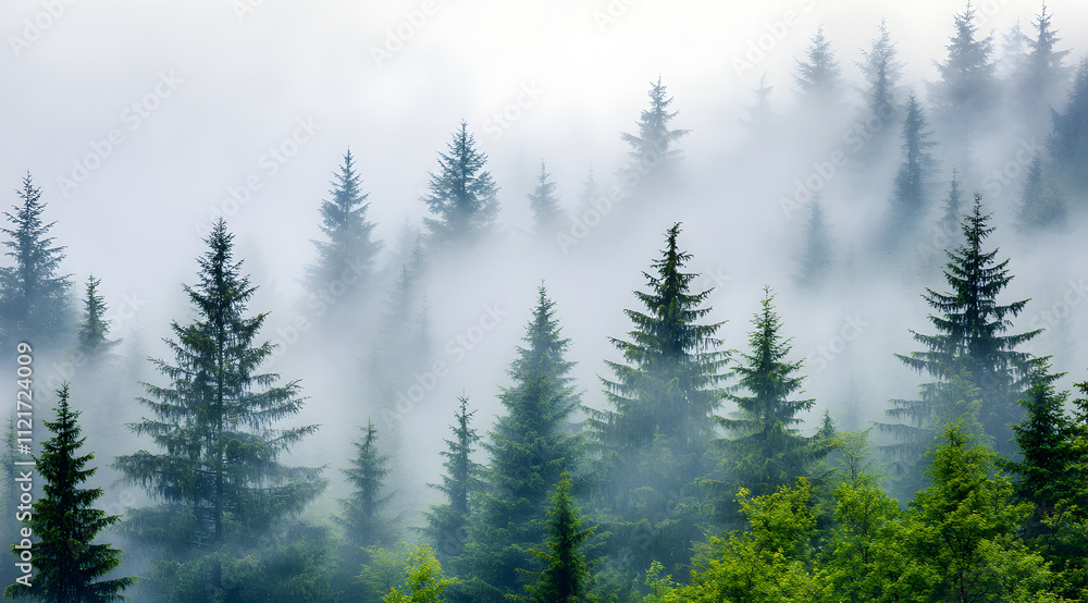 Fototapeta premium A serene forest scene shrouded in mist, with tall evergreen trees emerging from the fog, creating a tranquil and mysterious atmosphere.