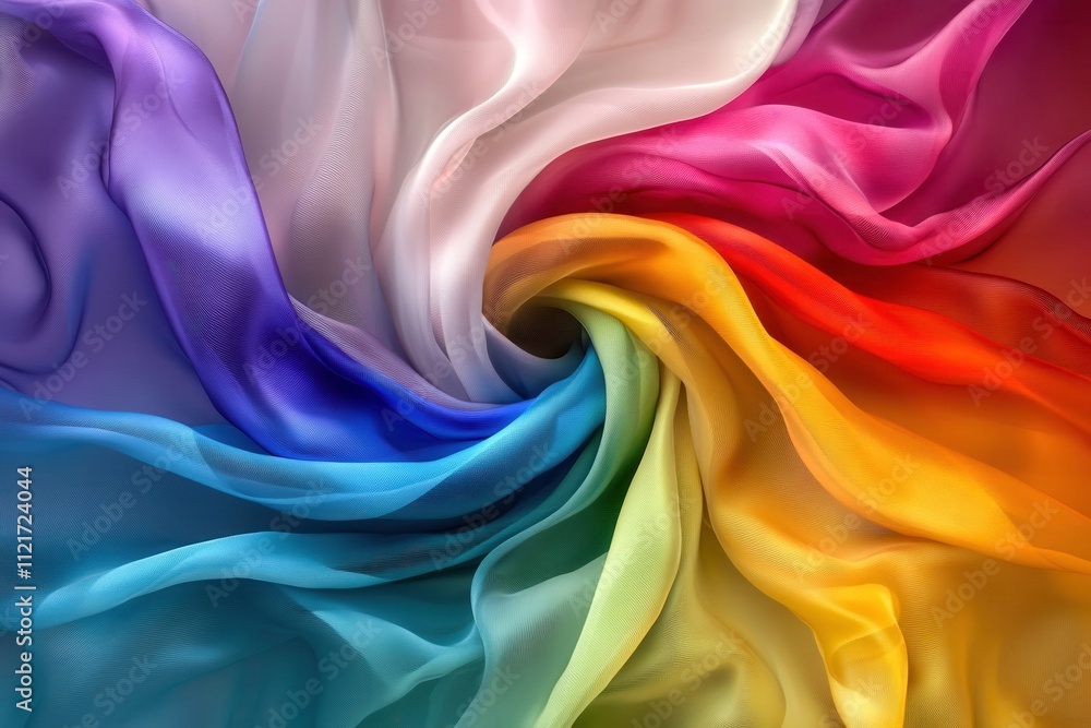 Obraz premium swirling rainbow fabric with vibrant colors in a spiral motion, creating a dynamic and elegant abstract composition with soft textures and flowing shapes