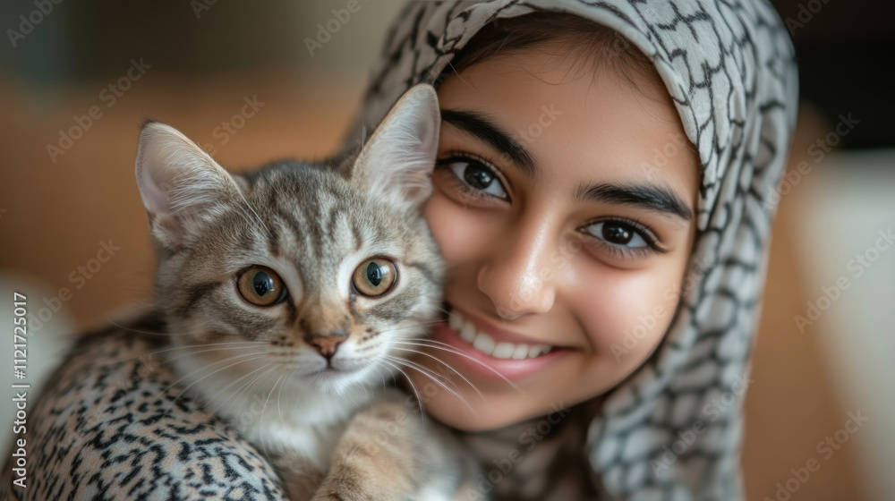 Arabian girl holding pet cat kitten playing on living room together Arabian girl holding pet cat kitten playing on living room together