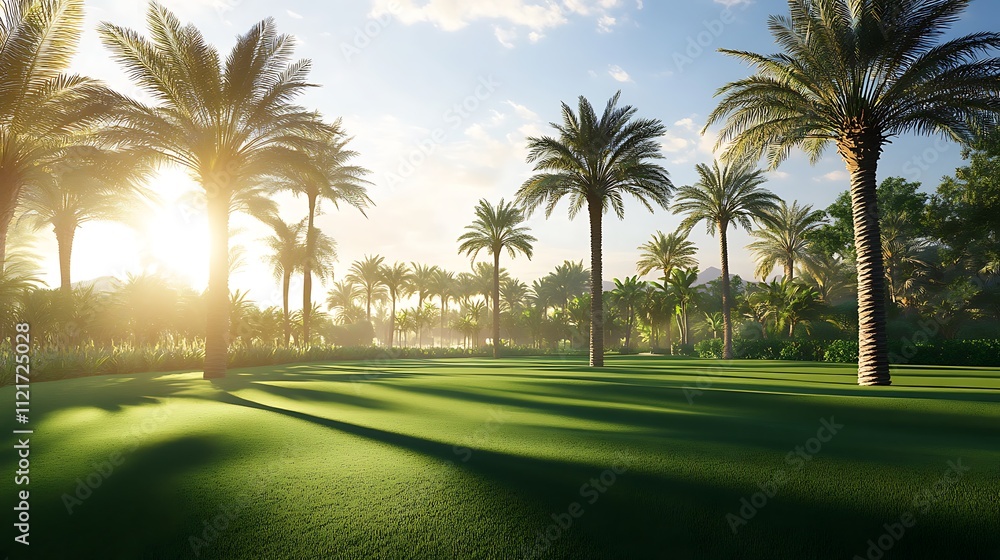 Sunrise over a lush, green landscape filled with palm trees. Serene and tranquil. Sunrise over a lush, green landscape filled with palm trees. Serene and tranquil.