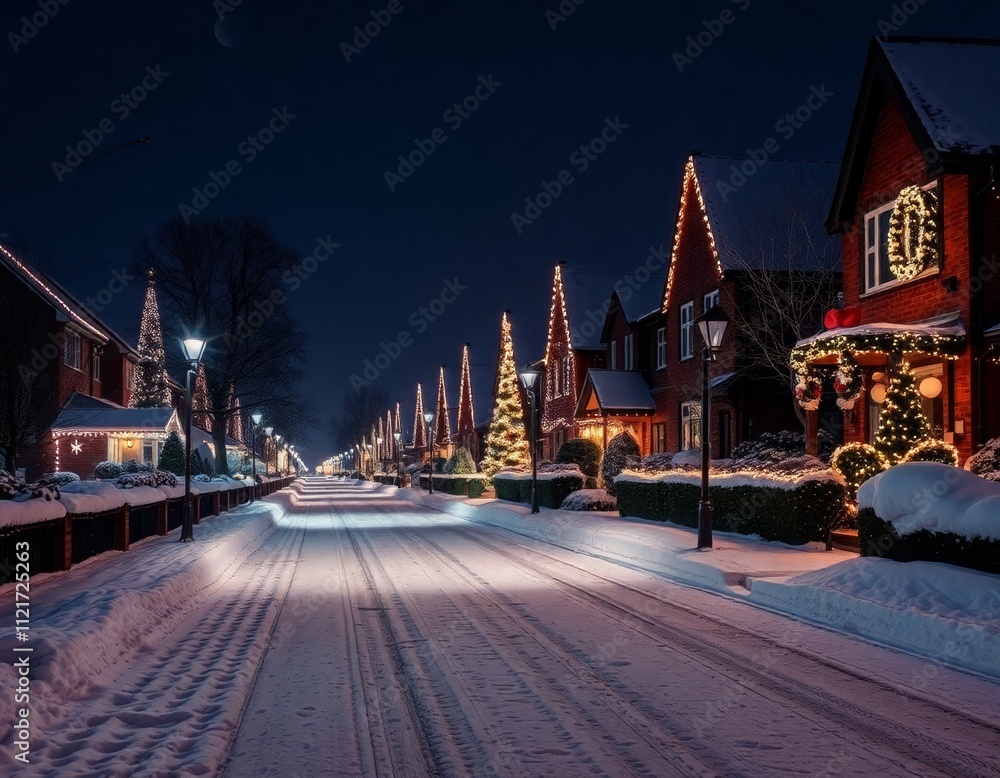 Fototapeta premium Festive Decorations on a Snowy Neighborhood Lane