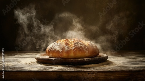 Wallpaper Mural A steaming, freshly baked sourdough bread resting on a rustic farmhouse table, with flour scattered across the countertop, capturing the essence of homemade bakery items Torontodigital.ca