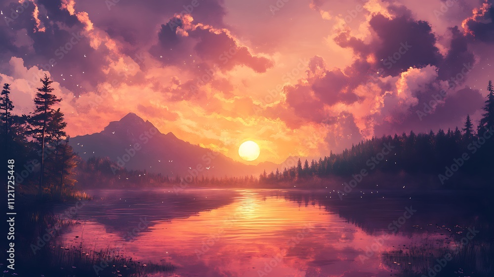 Serene sunset over a tranquil lake, reflecting the warm hues of the sky. Serene sunset over a tranquil lake, reflecting the warm hues of the sky.