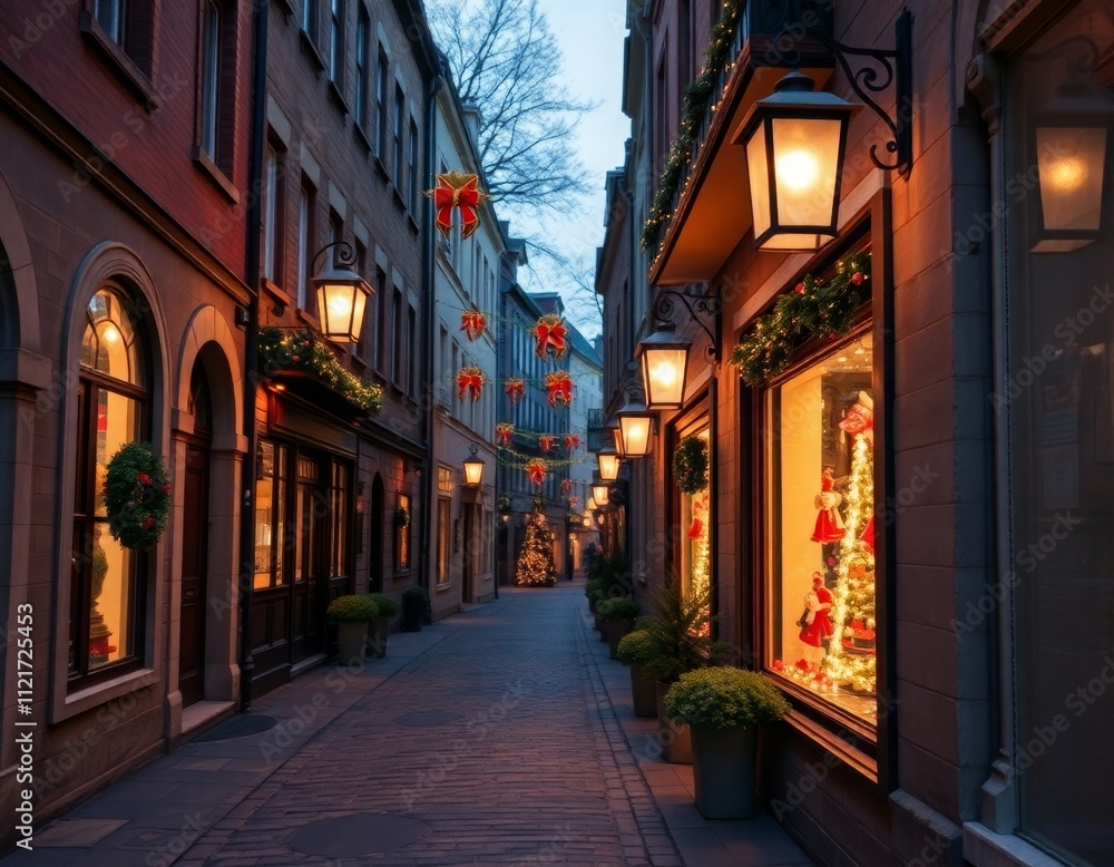Fototapeta premium Christmas Lights Illuminating a Quaint Alley