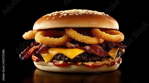 A towering burger with cheese, crispy bacon, and golden onion rings, served at a fast-food joint, showcasing delicious details in food photography for menu-style imagery.