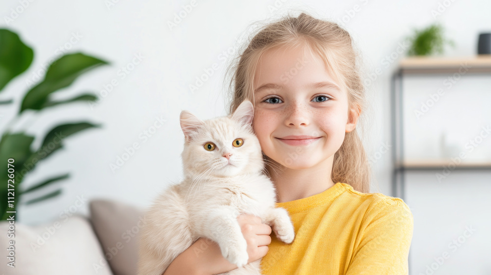 Caucasian girl holding pet cat kitten playing on living room together Caucasian girl holding pet cat kitten playing on living room together