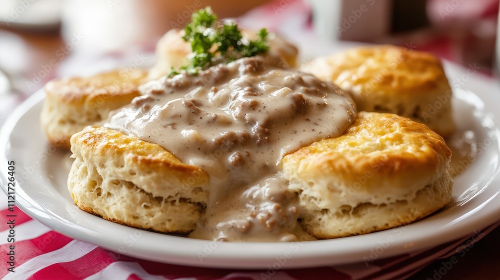 Flaky, homemade biscuits with a generous pour of sage gravy, served in a nostalgic Southern diner, ideal for food menu-style photography. Flaky, homemade biscuits with a generous pour of sage gravy, served in a nostalgic Southern diner, ideal for food menu-style photography.
