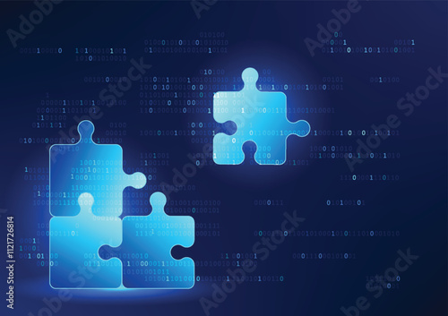 Numerical code and jigsaw technology represents the development of software systems, coding and technical problem solving, as well as the connection and processing of information in the digital world.