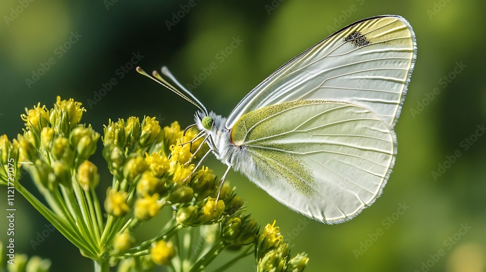 A delicate white butterfly with green veins rests on vibrant yellow flowers, a serene moment in nature. A delicate white butterfly with green veins rests on vibrant yellow flowers, a serene moment in nature.