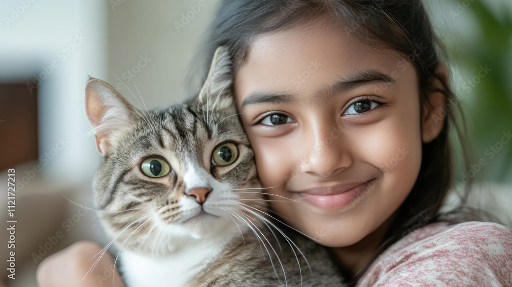 Indian girl holding pet cat kitten playing on living room together Indian girl holding pet cat kitten playing on living room together