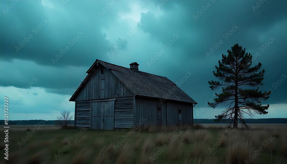 A dramatic sky with dark storm clouds over a lonely barn. A dramatic sky with dark storm clouds over a lonely barn.