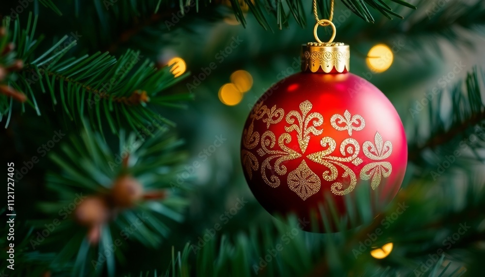 Detailed Red Ornament Hanging on a Festive Tree Detailed Red Ornament Hanging on a Festive Tree