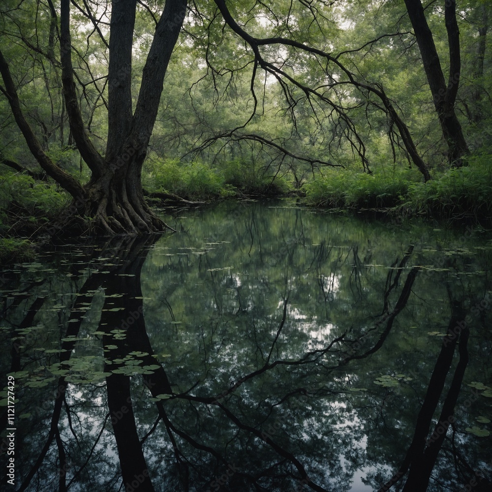 Obraz premium A quiet forest pond reflecting the branches above.