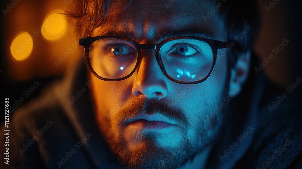 Focused man in glasses illuminated in blue light Focused man in glasses illuminated in blue light