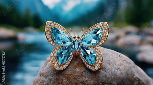 Beautiful Aquamarine Butterfly Brooch with Sparkling Gemstones Displayed photo