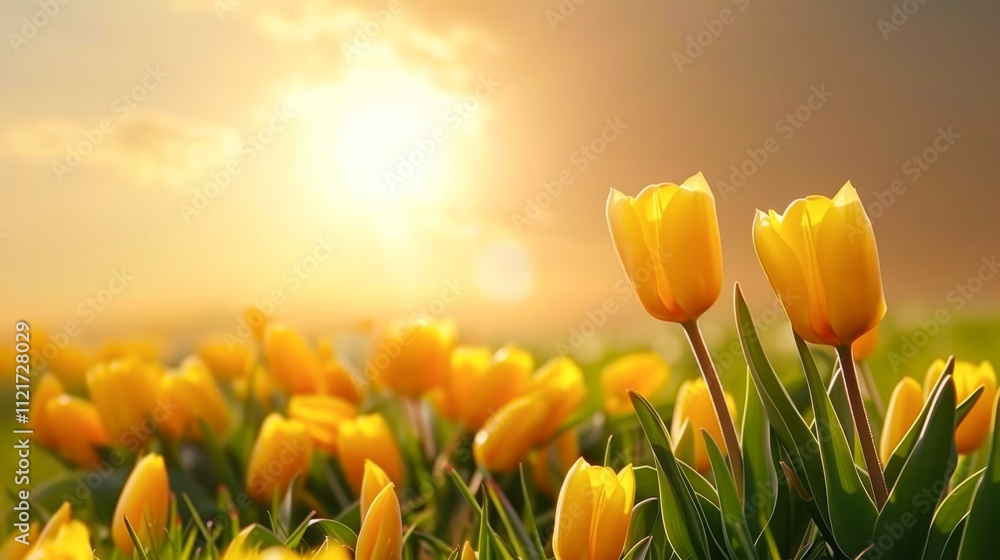 A vibrant field of yellow tulips under a glowing sunset, creating a cheerful and uplifting atmosphere, Ideal for spring-themed projects, gardening articles, or floral decorations, A vibrant field of yellow tulips under a glowing sunset, creating a cheerful and uplifting atmosphere, Ideal for spring-themed projects, gardening articles, or floral decorations,