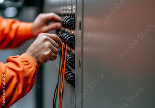 Technician's hands connecting vibrant orange cables to a gray electrical switchboard. Precision, technical expertise, electrical work background. photo