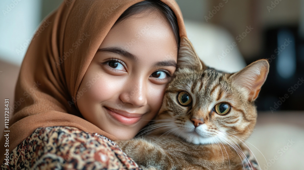 Malay girl holding pet cat kitten playing on living room together Malay girl holding pet cat kitten playing on living room together