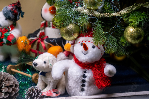 Festive Christmas window display illuminated at night photo