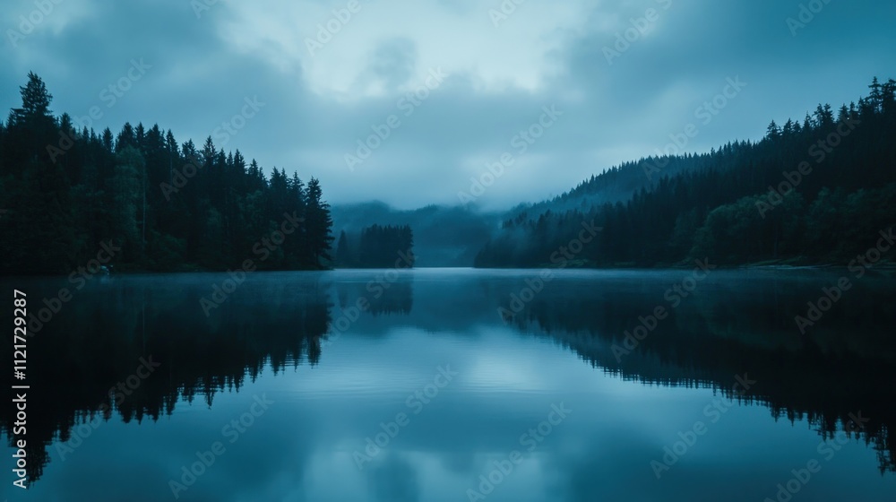 Fototapeta premium Serene lake reflects misty, forested hills.